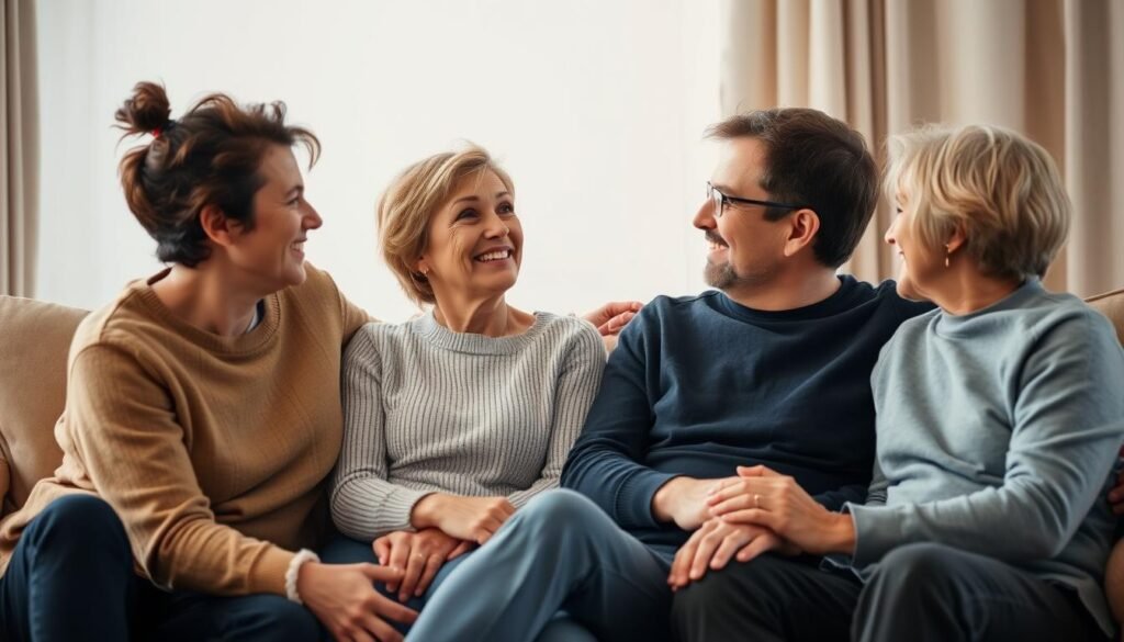 An intimate gathering of true friends, their bond radiating warmth and understanding. A cozy living room setting, soft lighting creating a gentle glow. Friends seated together, engaged in conversation, their body language and facial expressions conveying genuine connection and care. The background is a harmonious blend of neutral tones, allowing the subjects to take center stage. A sense of tranquility and comfort permeates the scene, reflecting the depth and resilience of their friendship.