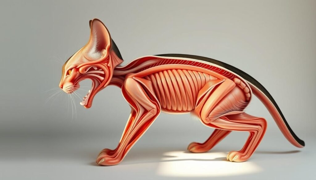 Anatomical cross-section of a purring feline, rendered in a detailed, scientific style. Prominent are the larynx, trachea, and associated musculature responsible for the distinctive rumbling vocalization. Soft lighting casts gentle shadows, highlighting the complex anatomical structures involved in the cat's signature purr. The overall tone is informative and educational, showcasing the intricate mechanics of this captivating feline behavior. Anatomical cross-section of a purring feline, rendered in a detailed, scientific style. Prominent are the larynx, trachea, and associated musculature responsible for the distinctive rumbling vocalization. Soft lighting casts gentle shadows, highlighting the complex anatomical structures involved in the cat's signature purr. The overall tone is informative and educational, showcasing the intricate mechanics of this captivating feline behavior.