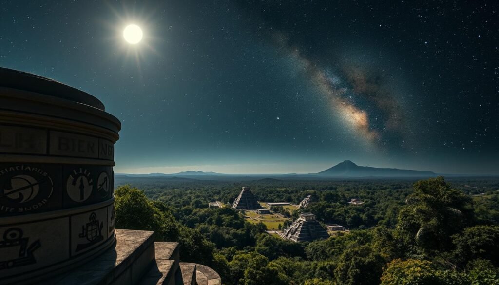 Astronomia maia: An ancient observatory under the starry Mesoamerican sky. In the foreground, a stone structure with intricate carvings and astronomical symbols, casting long shadows in the soft moonlight. Midground, a sprawling Maya city nestled among lush jungle foliage, its pyramids and temples reaching skyward. In the distance, the celestial dome shimmers with stars, planets, and the glowing Milky Way - a testament to the Maya's profound understanding of the cosmos. Dramatic lighting illuminates the scene, creating a sense of mystery and timelessness. A wide-angle lens captures the grandeur of this ancient astronomical marvel.
