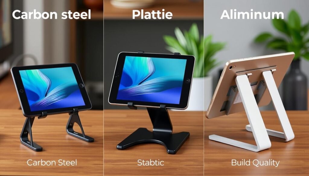 Comparação visual entre suportes de diferentes materiais: aço carbono, plástico e alumínio Comparação visual entre suportes de diferentes materiais: aço carbono, plástico e alumínio