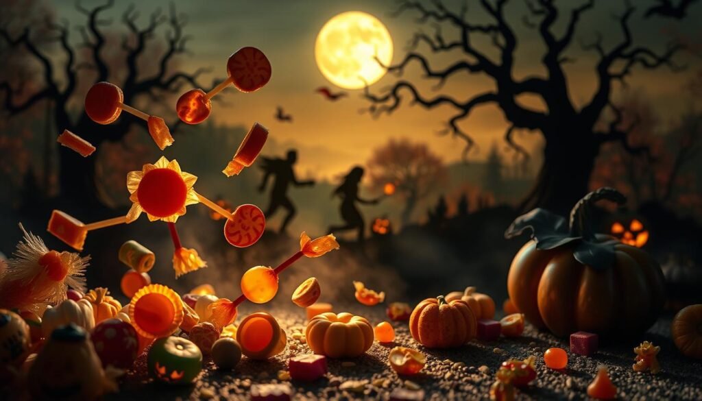 Curiosidades gostosuras ou travessuras: a whimsical scene of tasty treats, mischievous surprises, and supernatural elements. In the foreground, a variety of Halloween candies and confections float and twirl, casting warm, flickering shadows. In the middle ground, shadowy figures dart and play, leaving behind trails of glowing, ethereal energy. The background depicts a mysterious, autumn-hued landscape, with gnarled trees and a full, luminous moon casting an otherworldly glow. The lighting is soft and atmospheric, evoking a sense of magic and wonder. The overall mood is one of playful enchantment, perfectly capturing the spirit of the Halloween holiday and the origins of the "Trick or Treat" tradition.