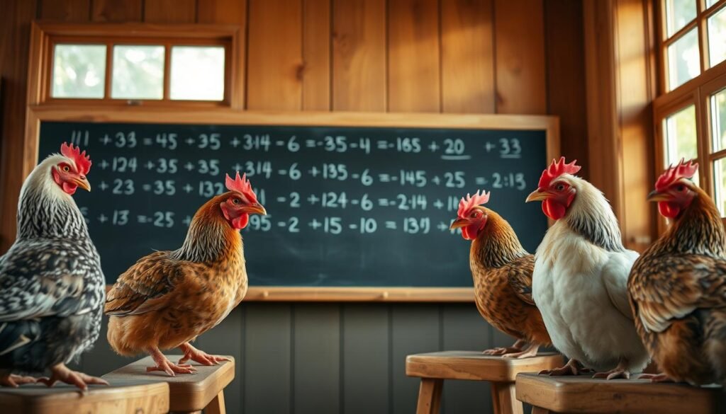 Curious hens intently studying a chalkboard filled with simple arithmetic problems, their expressions thoughtful and engaged. A well-lit, cozy classroom setting, with warm wooden tones and natural light filtering in through large windows. The hens, each with distinct personalities, are perched on stools, their attention focused on the task at hand. A sense of wonder and learning pervades the scene, as the hens demonstrate an unexpected aptitude for understanding basic mathematical concepts.