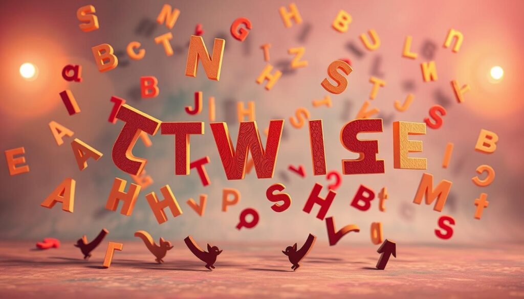 Curious tongue twisters dancing on a vibrant backdrop, their playful letters intertwining in a lively composition. Whimsical details like floating alphabets, hidden puns, and subtle visual puns fill the frame, inviting the viewer to explore the quirks and challenges of these linguistic puzzles. Soft, diffused lighting casts a warm, inviting glow, while a slightly skewed perspective adds a sense of dynamic movement. The overall mood is one of lighthearted discovery, encouraging the audience to embrace the joy and humor found in these linguistic conundrums.