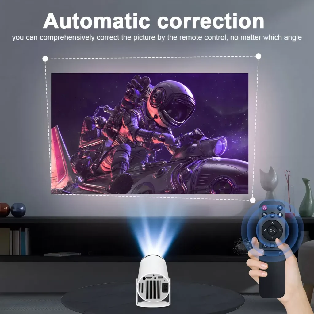 Mini projetor portátil exibe imagem em três tamanhos diferentes – 40", 80" e até 130 polegadas – conforme a distância de projeção, ideal para transformar qualquer parede em uma tela gigante de cinema.