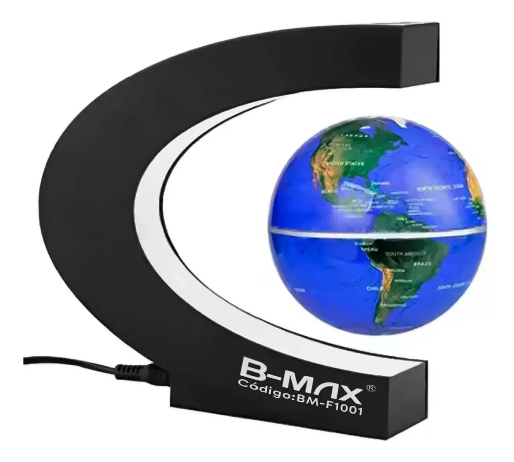 Detalhe do globo terrestre levitando com suporte magnético em formato de C da marca B-MAX, girando com iluminação LED.