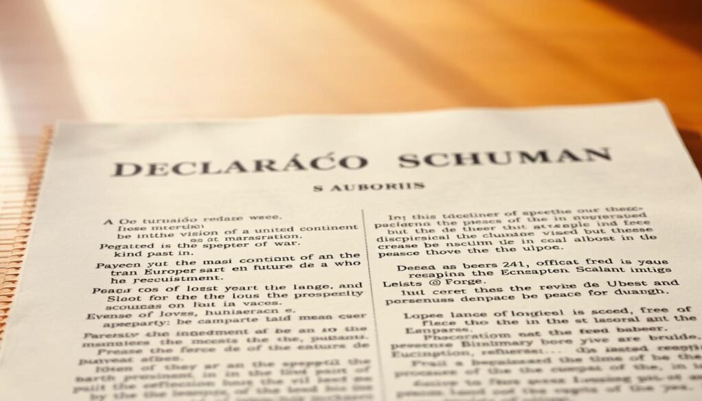 Declaração Schuman: a blueprint for peace and unity in Europe. A formal document, its pages filled with typewritten text against a backdrop of warm, natural lighting. The text is clear and legible, each word conveying the vision of a united continent, free from the specter of war. The composition is centered, with a slight angle to create a sense of dynamism and forward momentum. The overall mood is one of hope, determination, and a steadfast commitment to a future of prosperity and collaboration. The image should evoke the gravity and significance of this historic document, serving as a visual representation of the origins of the European Union. Imagem da Declaração Schuman, documento histórico que deu origem ao Dia da Europa e à união pacífica do continente.