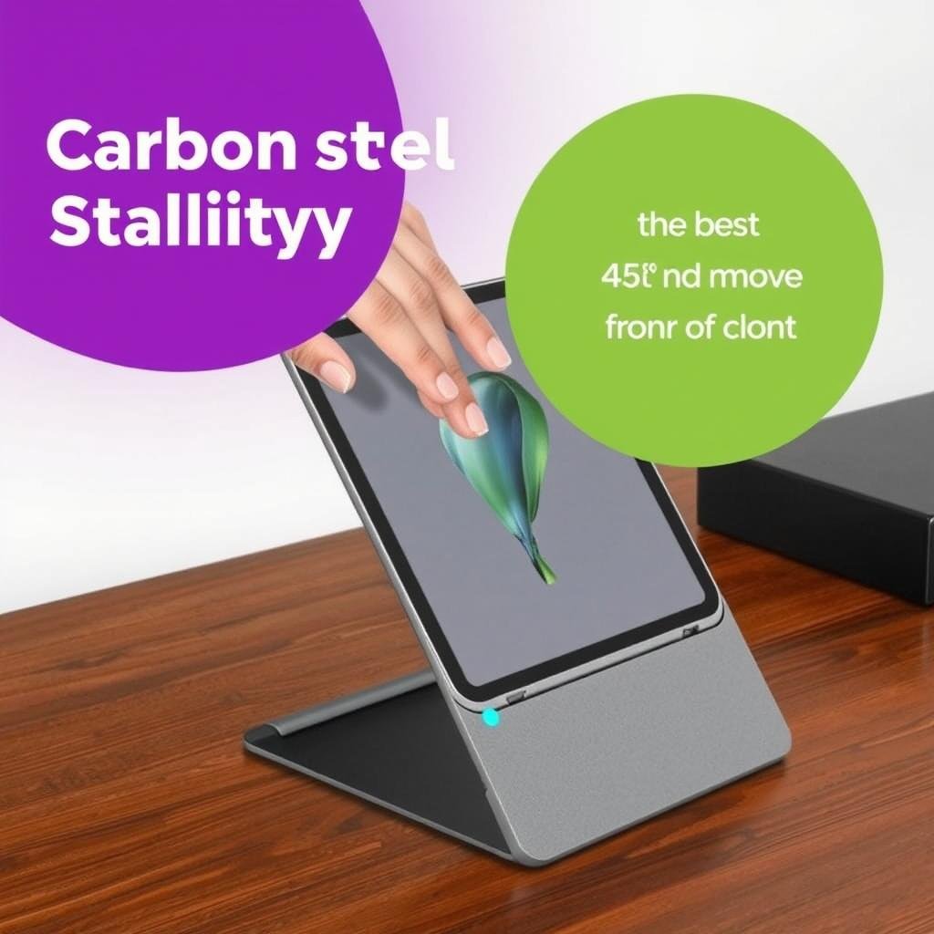 Demonstração da estabilidade do suporte para tablet em aço carbono com um tablet posicionado Demonstração da estabilidade do suporte para tablet em aço carbono com um tablet posicionado