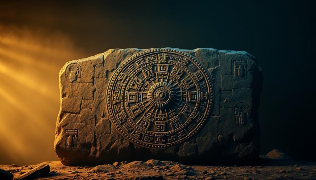 Detailed Mayan calendar carved on a stone slab, centered in the frame against a dimly lit, mystical background. The intricate patterns and symbols of the calendar are rendered with precision, capturing the advanced astronomical knowledge of the Mayan civilization. Soft, warm lighting from the side casts dramatic shadows, emphasizing the depth and texture of the carving. The overall atmosphere is one of ancient wisdom and timeless discovery, inviting the viewer to explore the complexities of this remarkable cultural achievement.
