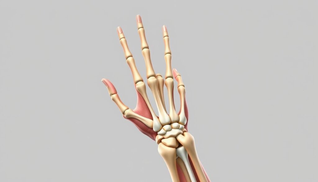 Detailed anatomical illustration of a human hand, showcasing the intricate structure of the bones and joints. Rendered in a realistic, high-resolution style with a clinical, educational tone. The hand is positioned in a neutral, palm-up orientation, allowing for clear visibility of the carpal, metacarpal, and phalangeal bones. Subtle lighting from an overhead source casts soft shadows, accentuating the three-dimensional form. The background is a clean, neutral gray, placing the focus entirely on the hand's anatomy. The overall impression is one of scientific accuracy and educational value, suitable for inclusion in a medical or anatomical reference text.