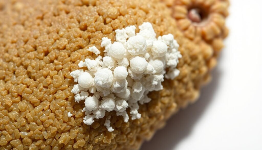 Detailed close-up of a white crystalline uric acid deposit on the surface of a lizard's fecal matter. The uric acid forms distinctive white specks or nodules, with a matte, grainy texture. The fecal matter is in a natural, unprocessed state, with a slightly mottled, greenish-brown color. Soft, diffused lighting illuminates the scene from the side, creating subtle shadows that accentuate the texture and contours of the uric acid and fecal matter. The composition places the uric acid deposit in sharp focus, filling the frame and conveying a sense of scientific examination or clinical observation. Detailed close-up of a white crystalline uric acid deposit on the surface of a lizard's fecal matter. The uric acid forms distinctive white specks or nodules, with a matte, grainy texture. The fecal matter is in a natural, unprocessed state, with a slightly mottled, greenish-brown color. Soft, diffused lighting illuminates the scene from the side, creating subtle shadows that accentuate the texture and contours of the uric acid and fecal matter. The composition places the uric acid deposit in sharp focus, filling the frame and conveying a sense of scientific examination or clinical observation.