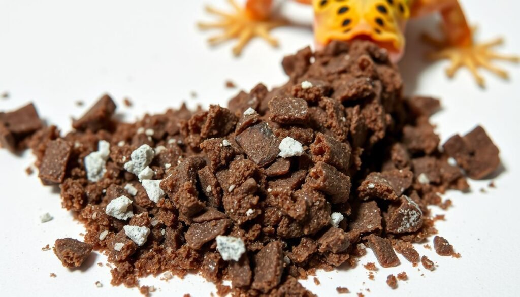 Detailed close-up of the characteristics of a healthy gecko's fecal droppings. The foreground shows the small, pale white chalky deposits scattered throughout the dark brown fecal matter. The middle ground captures the texture and consistency of the droppings, slightly moist and segmented. The background is a plain, neutral surface, ensuring the fecal sample is the sole focus. Bright, diffused natural lighting illuminates the scene, highlighting the unique features of the gecko's waste. The overall composition conveys a scientific, analytical mood, suitable for illustrating the health indicators present in the gecko's digestive byproducts. Detailed close-up of the characteristics of a healthy gecko's fecal droppings. The foreground shows the small, pale white chalky deposits scattered throughout the dark brown fecal matter. The middle ground captures the texture and consistency of the droppings, slightly moist and segmented. The background is a plain, neutral surface, ensuring the fecal sample is the sole focus. Bright, diffused natural lighting illuminates the scene, highlighting the unique features of the gecko's waste. The overall composition conveys a scientific, analytical mood, suitable for illustrating the health indicators present in the gecko's digestive byproducts.