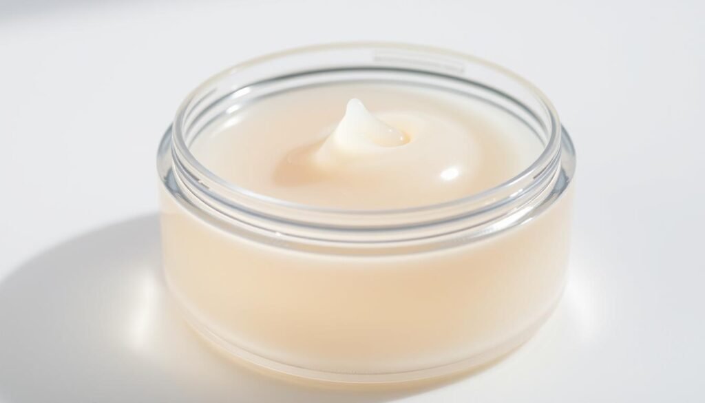 Detailed, close-up shot of a translucent, gelatinous container filled with a pale, viscous flaxseed gel. The container has a sleek, minimalist design with a screw-top lid. Soft, diffused lighting illuminates the gel, revealing its silky, soothing texture. The background is a clean, neutral surface, allowing the container and its contents to be the focal point. The overall mood is serene, natural, and inviting, conveying the nourishing and rejuvenating properties of the flaxseed gel. O gel de semente de linhaça, com textura translúcida e nutritiva, é apresentado em um recipiente minimalista, destacando seu potencial de hidratação profunda e efeito rejuvenescedor natural.