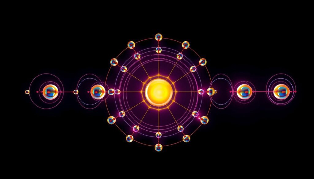 Detailed diagram of electronic configuration, showcasing the organization of electrons within an atom. A vibrant, colorful illustration with a sleek, technical aesthetic. Accurate representation of electron shells, subshells, and orbitals, with precise lines and geometric shapes. Soft ambient lighting illuminates the intricate structure, creating depth and dimension. Rendered in a clean, scientific style that enhances the educational value of the image. The overall composition should effectively communicate the concept of electronic configuration and its importance in understanding the periodic table.