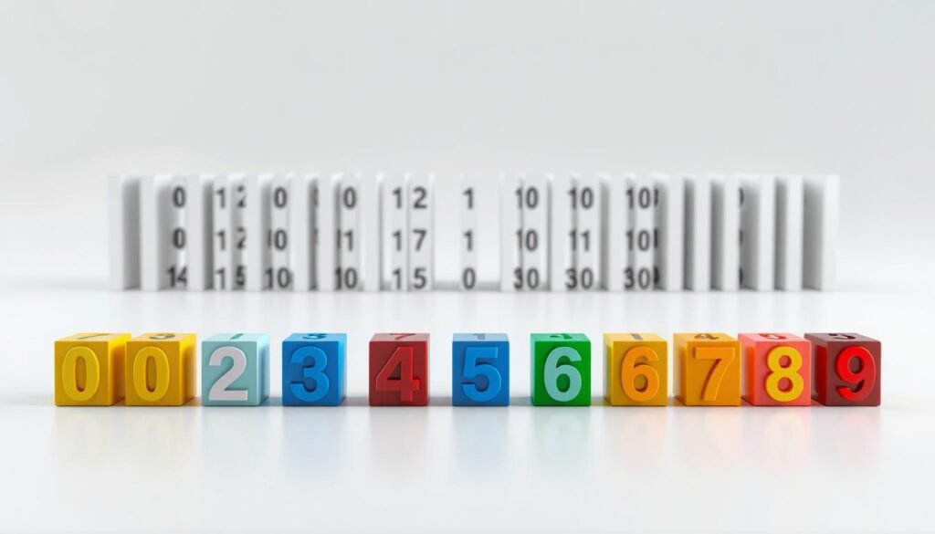 Detailed digital illustration of the decimal number system. In the foreground, a set of colorful digit cubes representing the digits 0 through 9, arranged in an orderly grid. Behind them, a three-dimensional array of the place value columns - ones, tens, hundreds, and so on, extending into the distance. Soft, diffused lighting illuminates the scene, creating a sense of depth and dimensionality. The background is a clean, neutral backdrop, allowing the numeric elements to be the focal point. The overall mood is one of clarity, precision, and the logical structure underlying the decimal system.