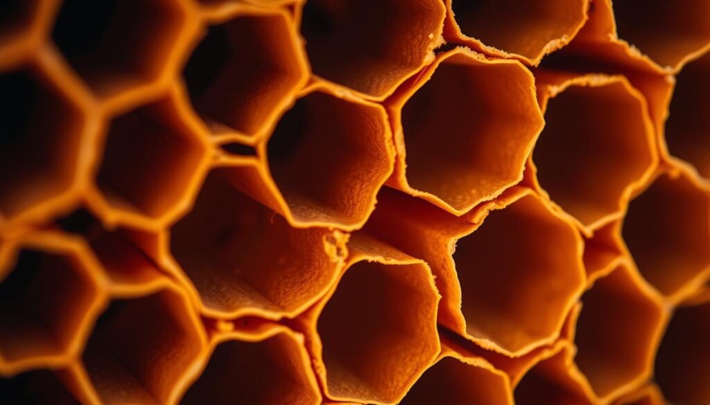 Detailed hexagonal honeycomb structure, showcasing the intricate geometric pattern of a beehive. Warm, golden lighting illuminates the textured wax cells, highlighting the precise arrangement and symmetry. The honeycomb is captured from a close, almost macro perspective, drawing the viewer's attention to the mesmerizing hexagonal shapes. A sense of order and natural engineering pervades the scene, reflecting the ingenuity of the honeybee construction. Soft, out-of-focus background suggests a natural environment, allowing the honeycomb to be the central focus. Overall, the image conveys the elegance and functional beauty of this remarkable example of nature's geometric artistry.