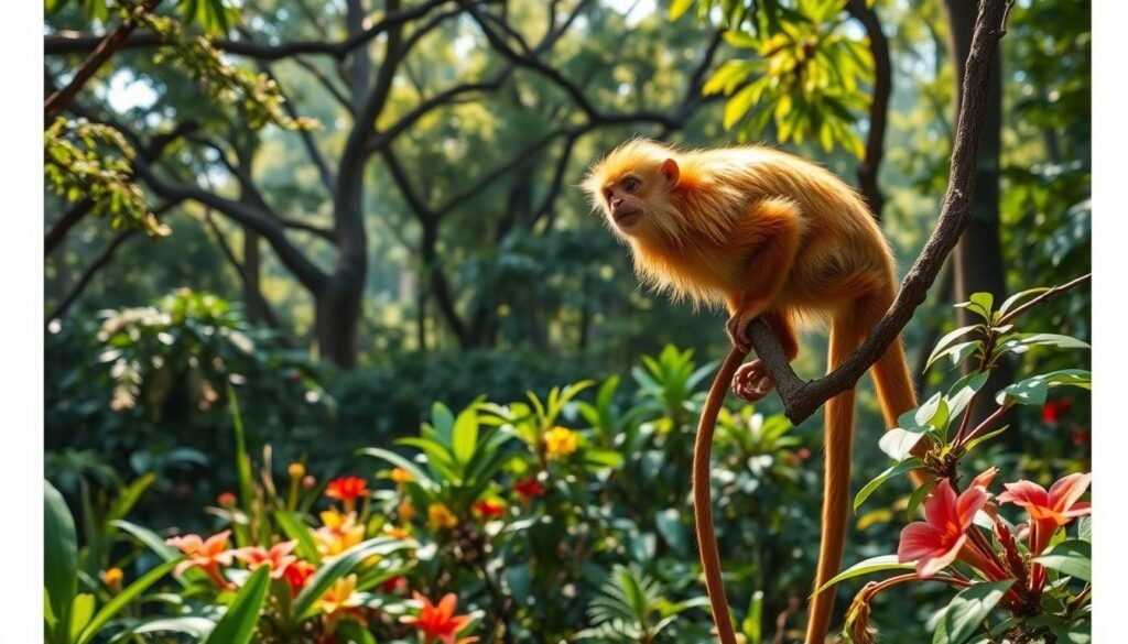 Detailed, high-resolution image of a golden lion tamarin (Leontopithecus rosalia) in its natural habitat within the lush, verdant Atlantic Forest biome. The tamarin is perched on a branch, its golden fur gleaming in dappled sunlight filtering through the canopy. In the middle ground, a diverse array of tropical flora including vibrant flowers, ferns, and vines create a rich, biodiverse understory. The background depicts the towering, verdant trees that characterize the Atlantic Forest, their branches and leaves forming a verdant tapestry. The lighting is natural and warm, conveying a sense of tranquility and the importance of this critically endangered primate species within its delicate ecosystem.