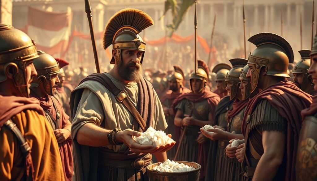 Detailed illustration of ancient Roman soldiers receiving their monthly salt rations, known as "salarium" - the origin of the word "salary". A middle-aged centurion distributes salt cubes to his squad of legionnaires against the backdrop of a bustling Roman military encampment. Warm, earthy tones, with hazy sunlight filtering through. Soldiers' uniforms and equipment are meticulously rendered, conveying the hardship and discipline of Roman military life. A sense of historical significance and the evolution of language is palpable. Detailed illustration of ancient Roman soldiers receiving their monthly salt rations, known as "salarium" - the origin of the word "salary". A middle-aged centurion distributes salt cubes to his squad of legionnaires against the backdrop of a bustling Roman military encampment. Warm, earthy tones, with hazy sunlight filtering through. Soldiers' uniforms and equipment are meticulously rendered, conveying the hardship and discipline of Roman military life. A sense of historical significance and the evolution of language is palpable.
