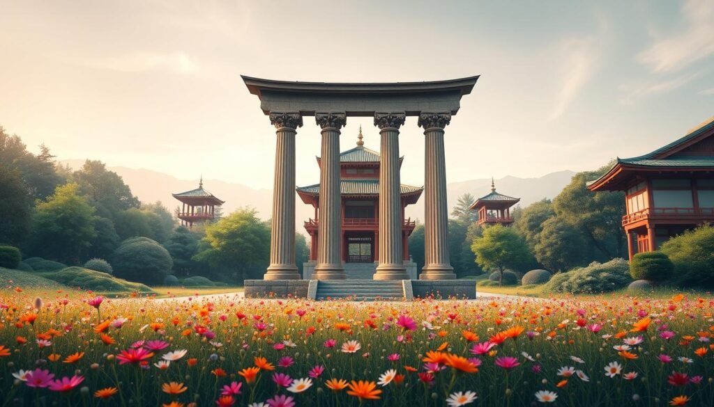 Detailed illustration of the four pillars of Ikigai: a serene Japanese garden with a traditional pagoda in the background, surrounded by a meadow of vibrant wildflowers in the foreground. In the center, four elegant pillars representing passion, mission, vocation, and profession stand prominently, each reflecting a different aspect of the Ikigai philosophy. Soft, diffused lighting casts a warm, contemplative atmosphere, inviting the viewer to reflect on the balance and harmony of these interconnected elements. The composition is well-balanced, with the pillars commanding attention while the natural setting provides a peaceful, contemplative backdrop. Ikigai
