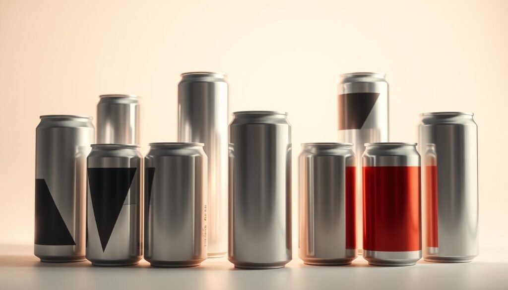 Detailed image of geometric shapes on various beverage cans and packaging, showcasing the cylindrical form of soda cans. A well-lit studio scene with soft, diffuse lighting illuminating the reflective surfaces of the aluminum cans. The cans are arranged in a visually appealing, symmetrical composition, emphasizing the clean lines and simple geometric shapes. The background is a plain, neutral color that allows the packaging to take center stage. The overall mood is one of minimalism and elegance, highlighting the timeless design of these everyday consumer products.