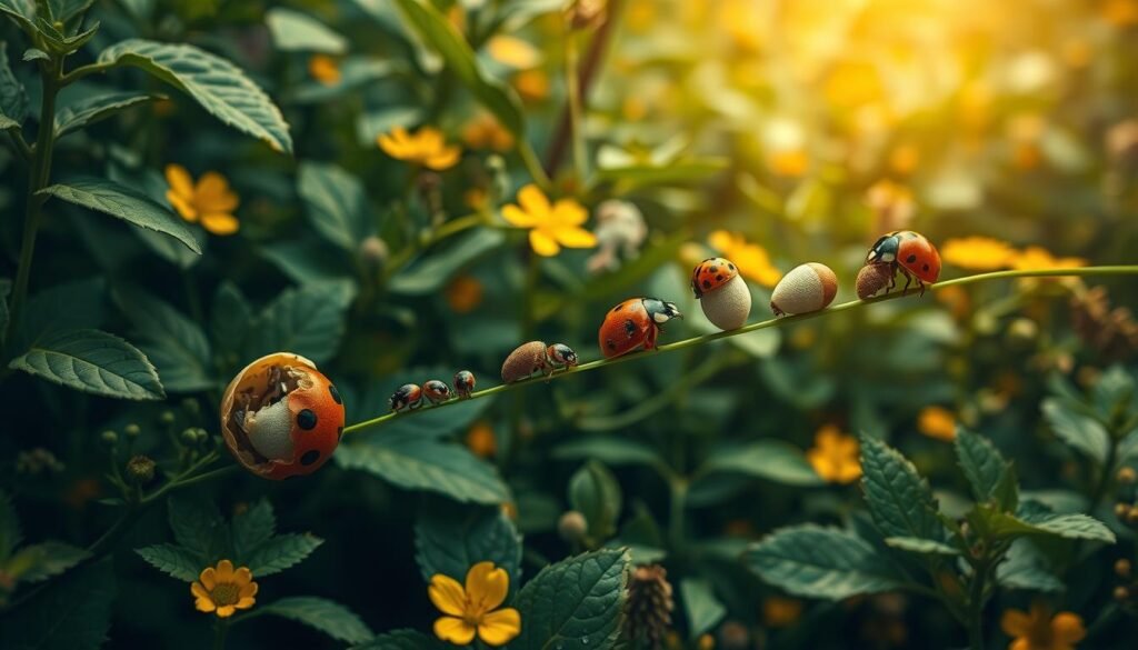 Detailed life cycle of a ladybug in a lush, verdant environment. Foreground depicts a ladybug egg hatching, revealing a tiny larva. Middle ground shows the larva metamorphosing into a pupa, then emerging as an adult ladybug. Background features a profusion of leaves, flowers, and other plant life, creating a naturalistic, serene setting. Soft, diffused lighting casts a warm, golden glow. Angle is slightly angled from above, providing a clear, comprehensive view of the full life cycle. Mood is one of tranquility and wonder, highlighting the beauty and intricacy of this small insect's remarkable transformation.