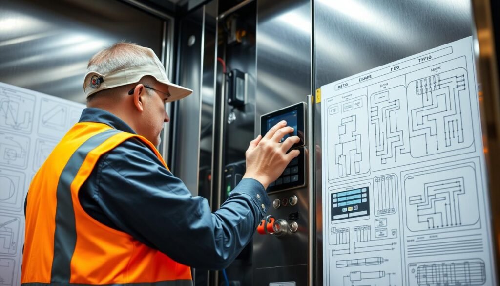 Detailed maintenance technician performing preventive inspection on elevator control panel, with various tools and diagnostic equipment. Bright, well-lit industrial setting with technical schematics and diagrams in the background. The technician, wearing a safety vest, examines the inner workings of the elevator, focused on identifying and addressing potential issues before they become problems. A sense of diligence and technical expertise permeates the scene, reflecting the importance of proper elevator maintenance for safety and reliability.