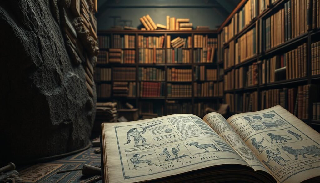 Detailed scene showcasing the deep historical origins of memes, long before the internet era. In the foreground, ancient hieroglyphics and cave paintings depict primitive meme-like visual puns and shared cultural references. In the middle ground, medieval manuscripts and renaissance woodcuts feature early precursors to modern internet memes. In the background, a dimly lit library shelves groan under the weight of ancient tomes, hinting at the vast tapestry of human visual communication that predates our digital age. Soft, dramatic lighting casts an air of timeless mystique over the scene, as if peering into the forgotten annals of meme history. Representação artística das origens históricas dos memes, com pinturas rupestres, manuscritos medievais e biblioteca antiga.
