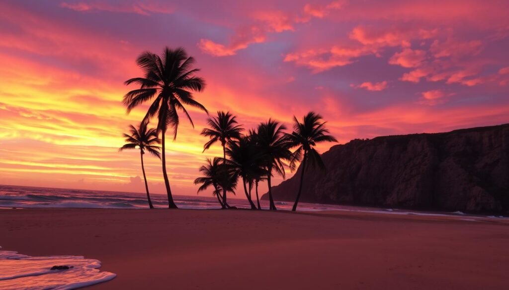 Dramatic sunset over a serene coastal landscape, the sky ablaze with vibrant hues of orange, pink, and purple. In the foreground, a picturesque beach with gently lapping waves and soft, golden sand. In the middle ground, a group of palm trees sway gently in the evening breeze, their silhouettes casting long shadows across the scene. In the distance, a rugged, rocky cliff face, its jagged edges illuminated by the fading sunlight. The overall atmosphere is one of tranquility and natural beauty, with a warm, inviting glow that sets the perfect mood for the "Exemplos de uso em frases" section of the article.