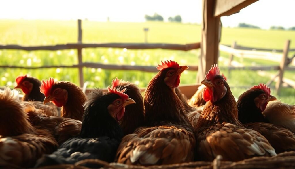 Dreaming chickens in a peaceful, idyllic farmscape. A flock of hens nestled in a cozy coop, their eyes closed peacefully as they drift off to sleep. Soft, warm lighting bathes the scene, creating a serene, intimate atmosphere. The hens' feathers gently ruffle as they twitch and stir, seemingly lost in their own private reveries. In the background, a lush, verdant meadow stretches out, dotted with wildflowers swaying in a gentle breeze. An old wooden fence frames the tranquil scene, suggesting a sense of security and comfort. The overall impression is one of quiet contentment, as if the chickens have found a moment of pure, blissful rest.