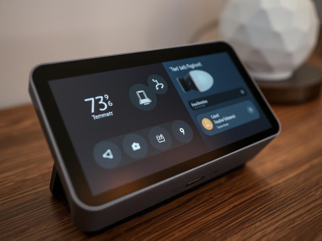 Echo Show 5 Última Geração mostrando interface de controle de casa inteligente Echo Show 5 Última Geração mostrando interface de controle de casa inteligente