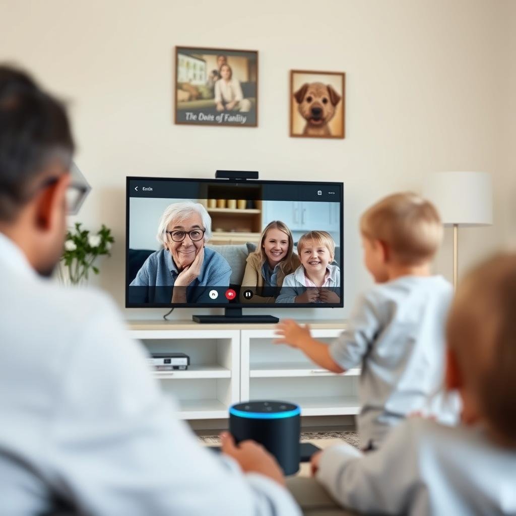 Echo Show 5 Última Geração sendo usado para chamada em família Echo Show 5 Última Geração sendo usado para chamada em família
