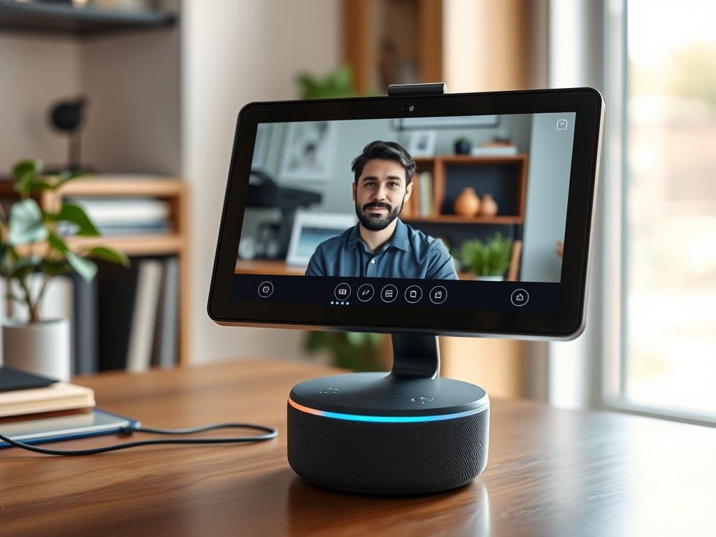 Echo Show 5 Última Geração sendo usado para videochamada Echo Show 5 Última Geração sendo usado para videochamada