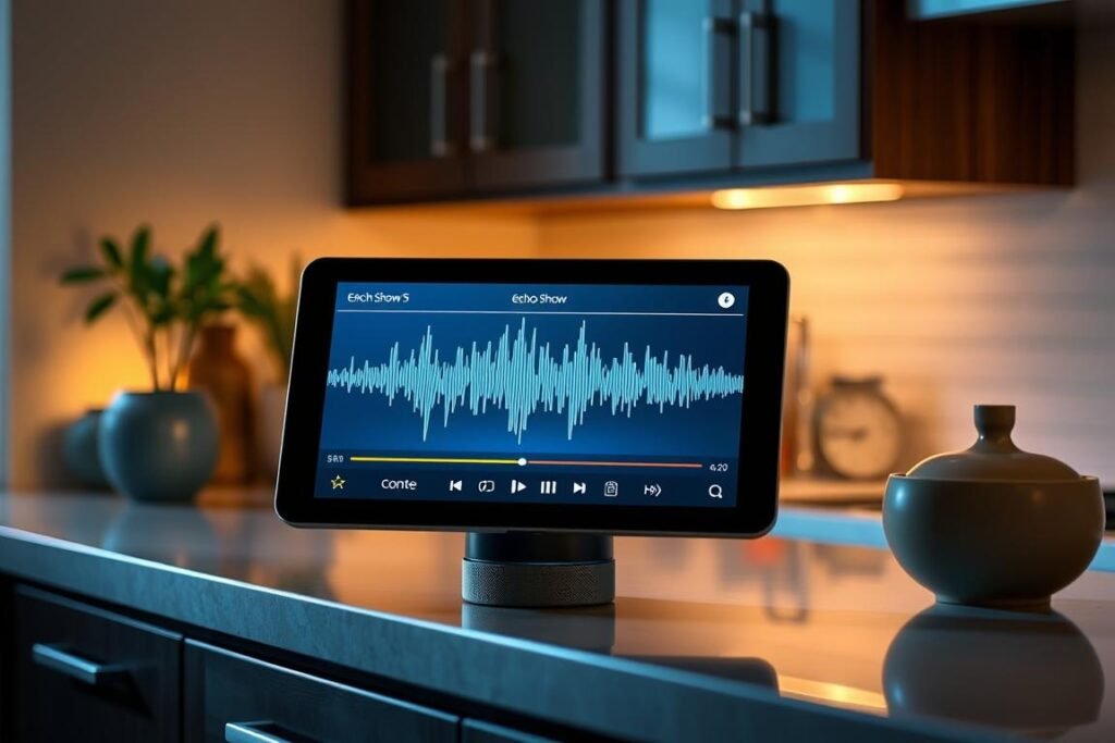Echo Show 5 Última Geração tocando música com visualização de ondas sonoras Echo Show 5 Última Geração tocando música com visualização de ondas sonoras