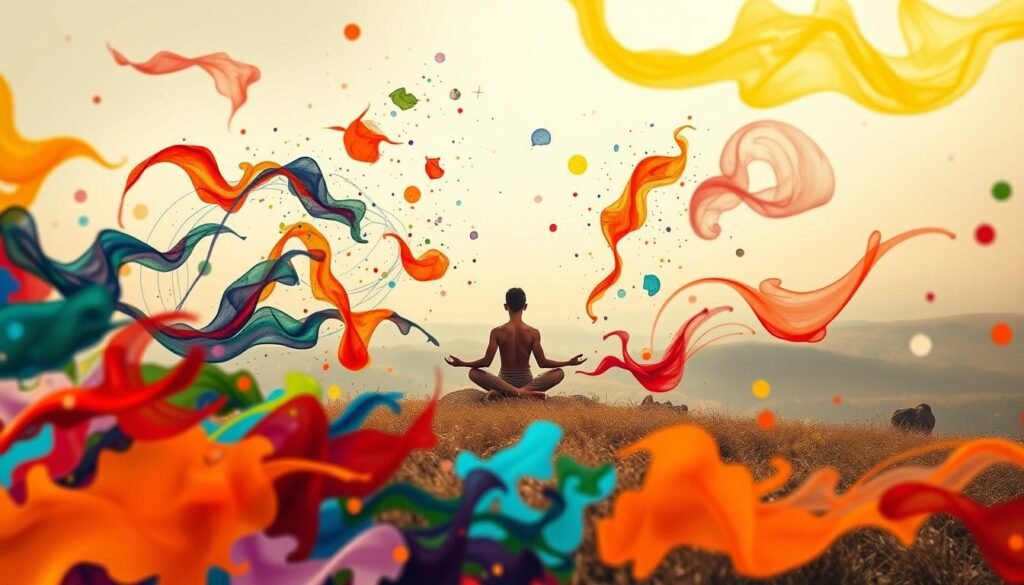 A peaceful, introspective scene depicting the essence of social-emotional education. In the foreground, a diverse group of students sits in a circle, their expressions thoughtful and engaged. Soft, natural lighting filters through a large window, casting a warm glow on the scene. In the middle ground, colorful learning materials and tools are arranged, suggesting a nurturing, interactive environment. The background features a serene, minimalist classroom, with clean lines and calming colors that promote focus and well-being. The overall atmosphere conveys the importance of cultivating self-awareness, empathy, and interpersonal skills alongside academic knowledge, fostering the holistic development of the students. Alunos em roda participando de atividade de educação socioemocional com foco em empatia, escuta e autoconhecimento.