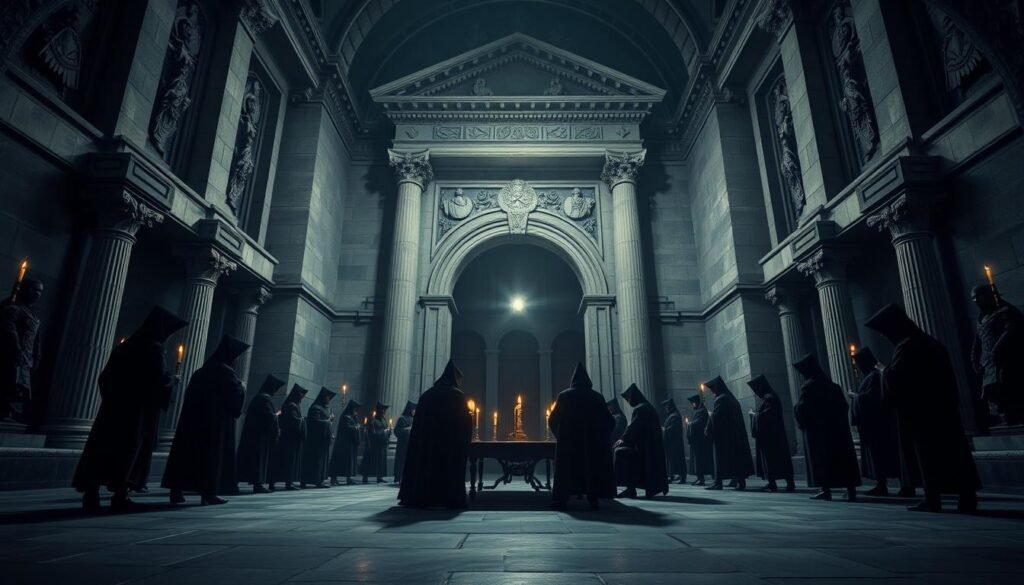 Expansive, imposing stone edifice of a grand Masonic temple, its intricate facade adorned with symbolic carvings and columns. Inside, a shadowy gathering of cloaked and hooded figures deliberating around a central table, illuminated by flickering candlelight. The scene conveys a sense of arcane power and influential decision-making, hinting at the Freemasons' covert role in shaping the political landscape. Dramatic chiaroscuro lighting creates a moody, foreboding atmosphere, while the camera angle suggests a perspective of an unseen observer, privy to the Masons' private council.