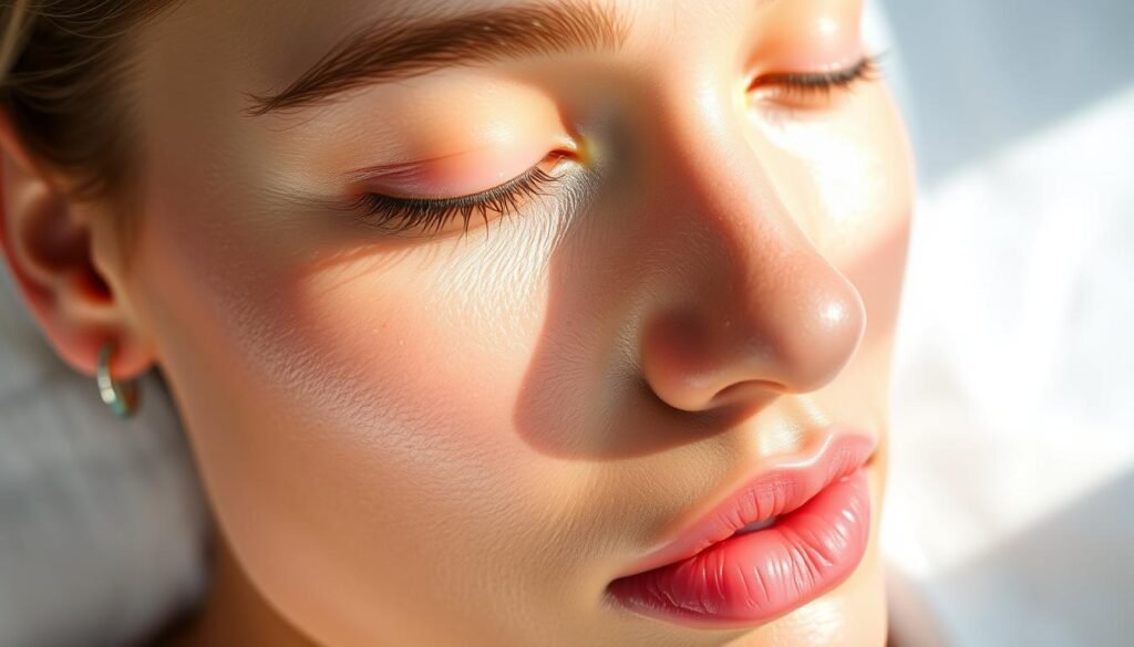 Flawless skin with luscious luster, hydrated and supple, accentuated by the natural glow of a homemade flaxseed gel. Smooth, glossy texture in a glass jar, reflecting the serene ambiance of a spa-like setting. Soft, diffused lighting casts gentle shadows, highlighting the gel's nourishing properties. The scene evokes a sense of tranquility and rejuvenation, inviting the viewer to experience the transformative power of this botanical skincare marvel. O gel de semente de linhaça mostrado na imagem oferece brilho, hidratação intensa e efeito tensor natural, sendo um aliado poderoso nos cuidados com a pele, com benefícios comparáveis ao botox caseiro.