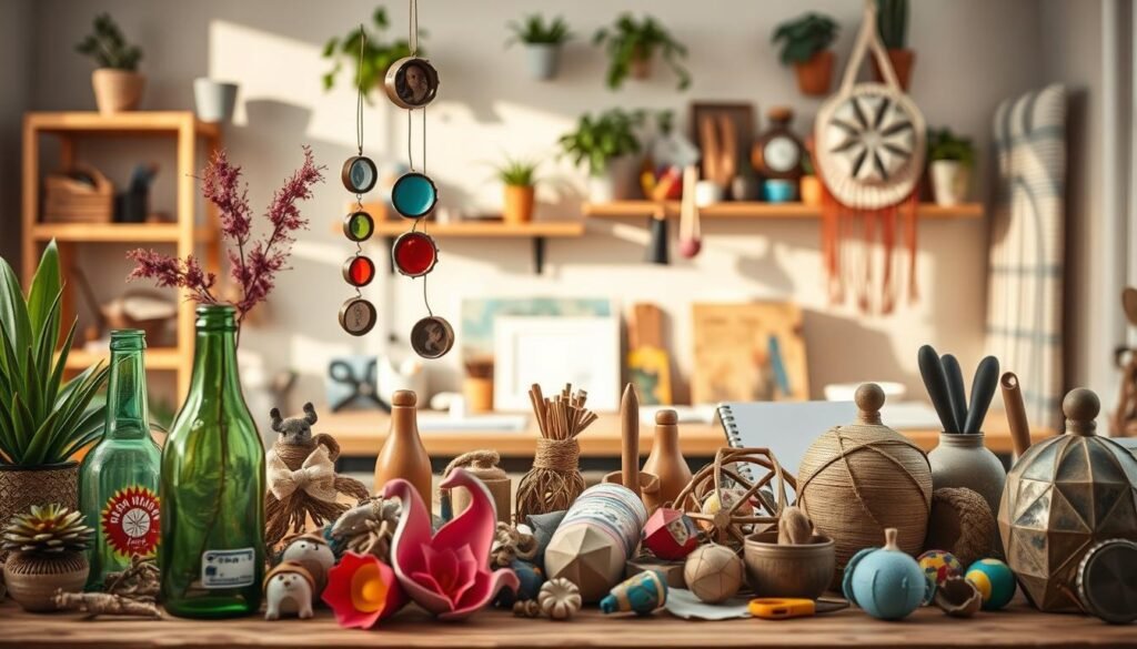 High-quality, detailed image of various handcrafted home decor and artistic objects made from recycled materials. A vibrant and whimsical still life in the foreground features an assortment of repurposed items like a vase made from a glass bottle, a wind chime from bottle caps, origami decorations from newspaper, a wall hanging from scrap fabric, and other creative DIY crafts. In the middle ground, a well-lit workspace with craft supplies, tools, and a sketchbook showcases the process of transforming waste into unique art. The background has a warm, rustic ambiance with wooden shelves, potted plants, and natural lighting, reflecting the earthy, sustainable nature of the recycled crafts. Artesanato sustentável com objetos reciclados e decoração criativa