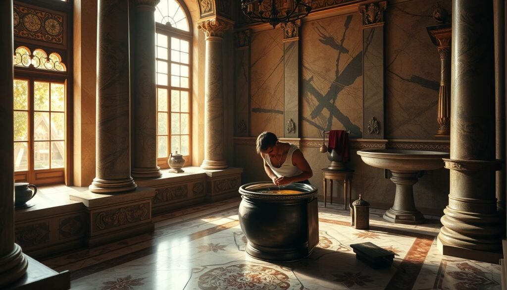 High-resolution photo of a medieval Roman bathroom, showing a man using a chamber pot filled with urine to clean his teeth, with an intricate marble tiled floor, ornate columns, and warm natural lighting pouring in from large windows. The scene has a sense of historical authenticity, with attention to small details like period-accurate ceramics and grooming tools. The overall atmosphere is one of intrigue and curiosity about the lesser-known aspects of ancient Roman civilization. High-resolution photo of a medieval Roman bathroom, showing a man using a chamber pot filled with urine to clean his teeth, with an intricate marble tiled floor, ornate columns, and warm natural lighting pouring in from large windows. The scene has a sense of historical authenticity, with attention to small details like period-accurate ceramics and grooming tools. The overall atmosphere is one of intrigue and curiosity about the lesser-known aspects of ancient Roman civilization.