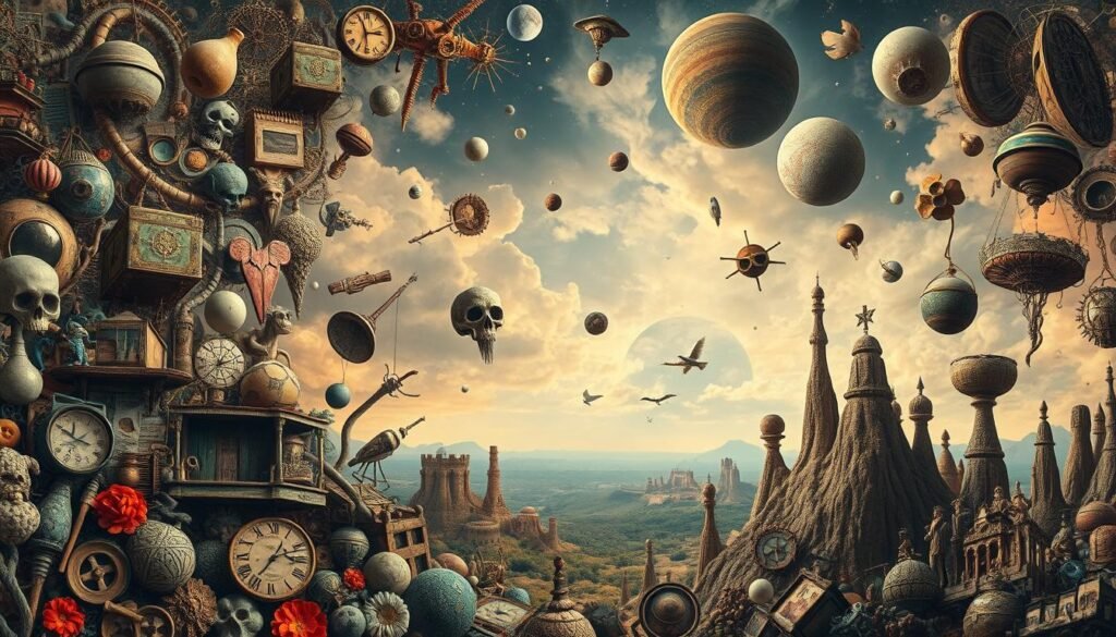 Intricate and captivating fatos curiosos, surrounded by a whimsical, otherworldly atmosphere. In the foreground, a collage of peculiar objects and phenomena, each hiding a fascinating story. In the middle ground, surreal landscapes and curious natural formations, inviting the viewer to explore the hidden wonders of the world. In the background, a dreamlike, ethereal sky, illuminated by a soft, diffused lighting that creates an air of mystery and discovery. The overall composition conveys a sense of awe and wonder, inspiring the viewer to look beyond the ordinary and uncover the extraordinary. A imagem traz uma colagem envolvente de objetos e fenômenos curiosos cercados por uma paisagem surreal e onírica. Em destaque, elementos intrigantes convidam o olhar a explorar os segredos escondidos do mundo. O céu etéreo ao fundo, com luz suave e difusa, reforça a sensação de encantamento e descoberta. Uma representação visual do poder da curiosidade.
