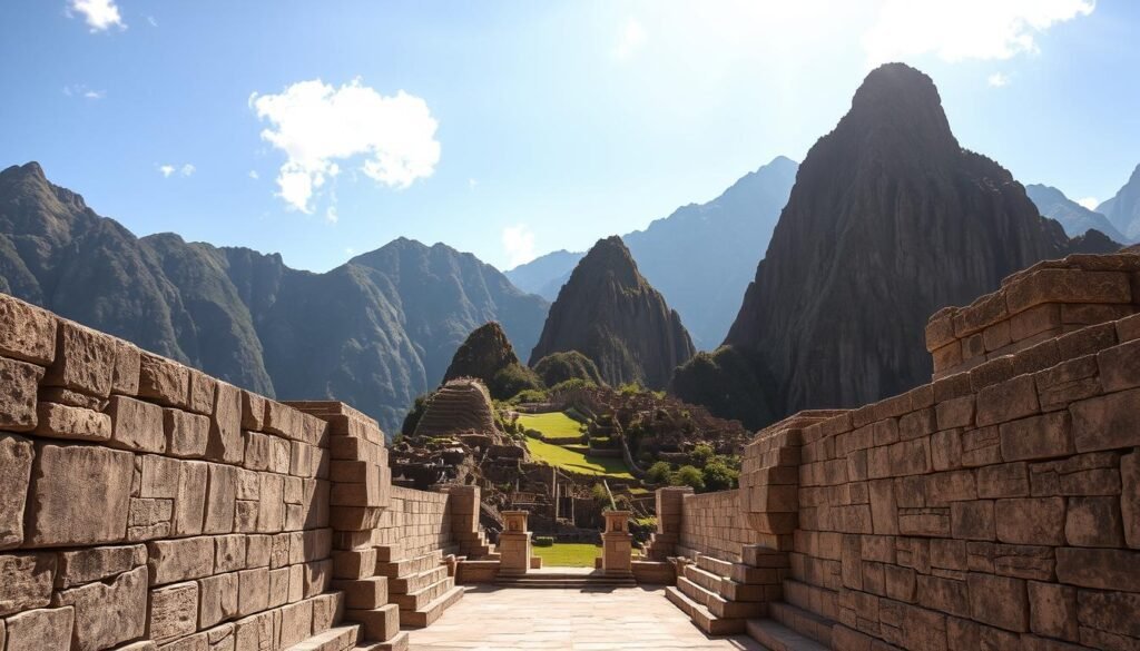Massive Inca stone constructions, intricately fitted without mortar, rising against a backdrop of rugged Andean peaks. Sunlight casts warm shadows across the precision-carved granite blocks, their surfaces weathered by centuries. In the foreground, a central plaza flanked by towering walls, leading the eye towards distant structures nestled amidst lush foliage. The scene exudes a sense of timeless engineering, a testament to the Inca's remarkable stonework mastery. Capture the grandeur of this architectural marvel, framed by the dramatic Andes landscape.