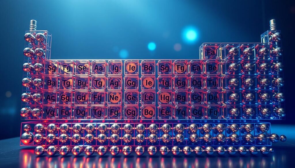 Periodic table of elements, the intricate classification system that unravels the mysteries of the atomic world. A vibrant and visually captivating illustration, showcasing the periodic table in intricate detail. Gleaming metallic elements arranged in a grid, each with its own unique atomic number and symbol. The table's layout reflects the fundamental patterns and properties of the elements, creating a captivating display of scientific elegance. Soft, diffused lighting illuminates the scene, casting subtle shadows and highlights that bring depth and dimension to the image. The overall composition conveys a sense of order, precision, and the profound beauty inherent in the periodic table's structure.