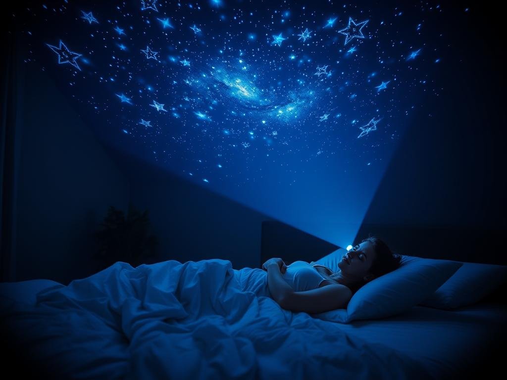 Pessoa relaxando em quarto com Projetor Galaxia Pessoa relaxando em quarto com Projetor Galaxia