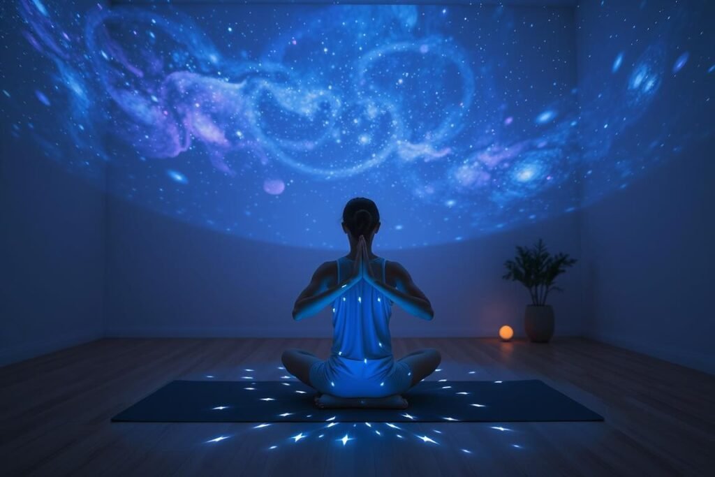Projetor Galaxia sendo usado em sessão de meditação Projetor Galaxia sendo usado em sessão de meditação