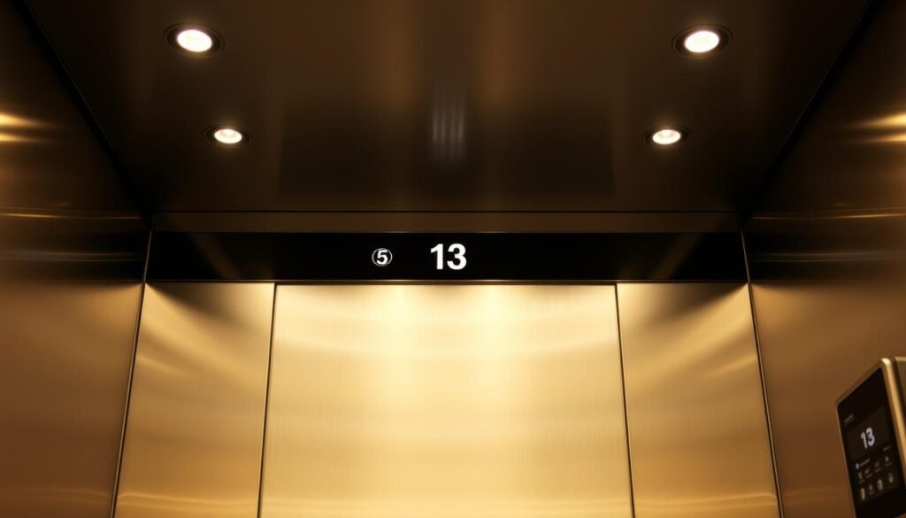 Prompt A well-lit elevator interior with a prominent floor numbering panel. The panel displays the numbers from ground level up to the top floor, with the number 13 conspicuously absent. The elevator car is sleek and modern, with polished metal surfaces and subtle ambient lighting. The scene conveys a sense of functionality and attention to detail, alluding to the curious omission of the 13th floor that is common in many buildings.