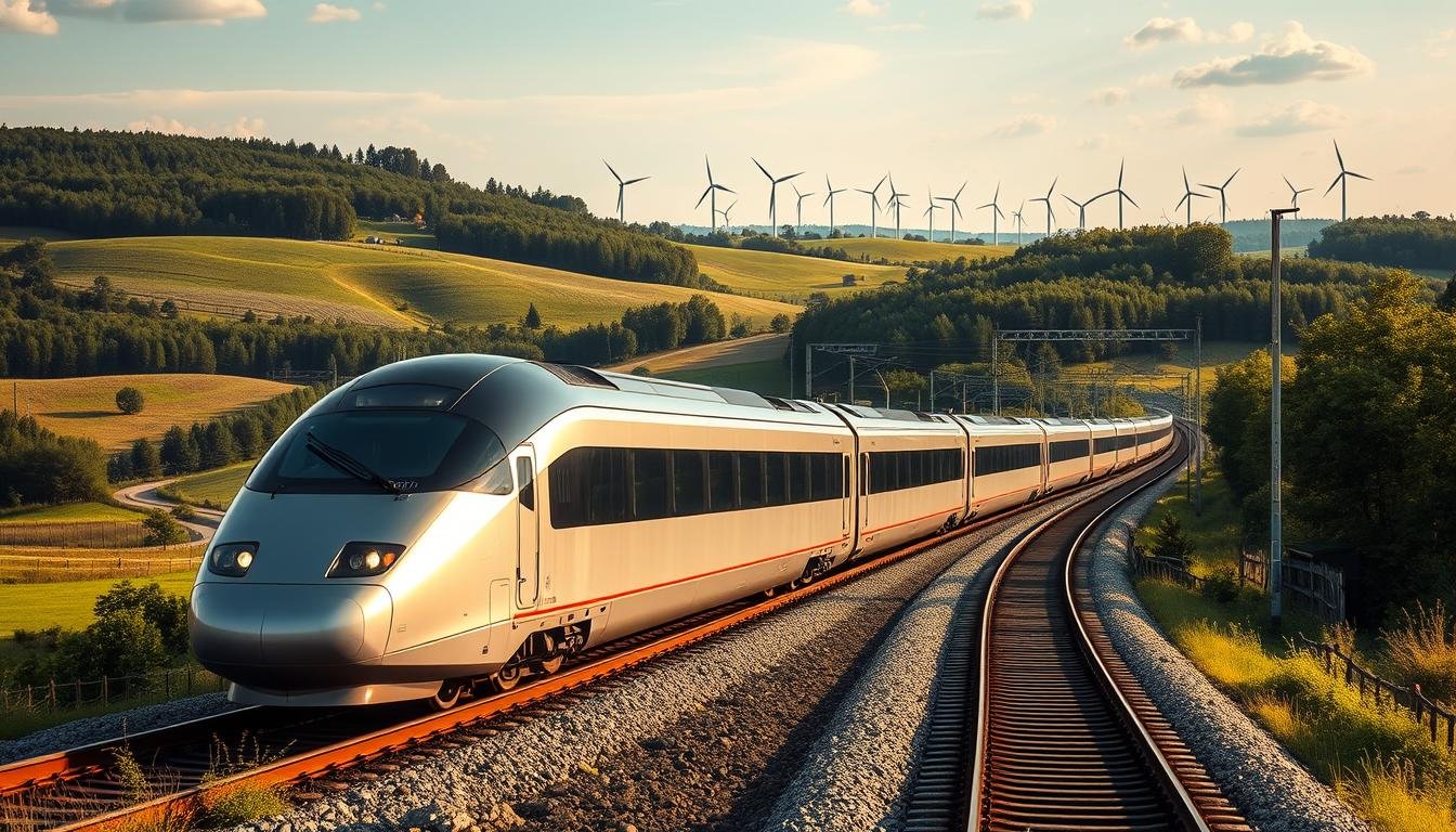 Trem moderno da Rail Baltica cruzando paisagens europeias, símbolo de transporte sustentável e conexão entre países.