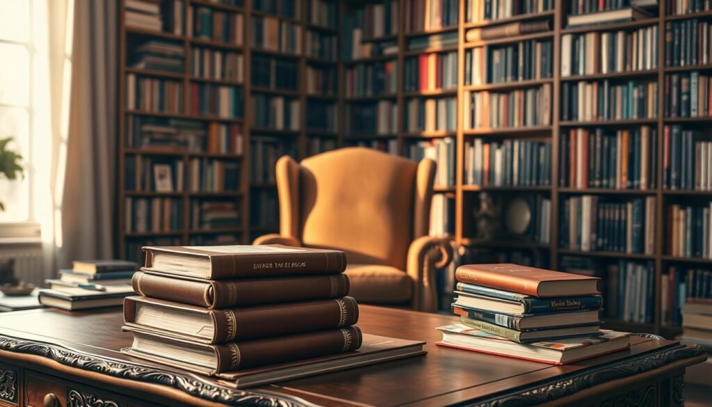 Soft, warm lighting illuminates a cozy study filled with vibrant, motivational books. In the foreground, several leather-bound volumes sit atop an ornate, wooden desk, their richly-colored spines beckoning the viewer. In the middle ground, an armchair upholstered in a plush, earthy fabric invites one to settle in and dive into the pages. The background features towering, floor-to-ceiling bookshelves, their shelves packed with diverse titles, casting gentle shadows that add depth and texture to the scene. An overall atmosphere of inspiration, introspection, and personal growth permeates the space, encouraging the viewer to embark on a transformative literary journey. Soft, warm lighting illuminates a cozy study filled with vibrant, motivational books. In the foreground, several leather-bound volumes sit atop an ornate, wooden desk, their richly-colored spines beckoning the viewer. In the middle ground, an armchair upholstered in a plush, earthy fabric invites one to settle in and dive into the pages. The background features towering, floor-to-ceiling bookshelves, their shelves packed with diverse titles, casting gentle shadows that add depth and texture to the scene. An overall atmosphere of inspiration, introspection, and personal growth permeates the space, encouraging the viewer to embark on a transformative literary journey.