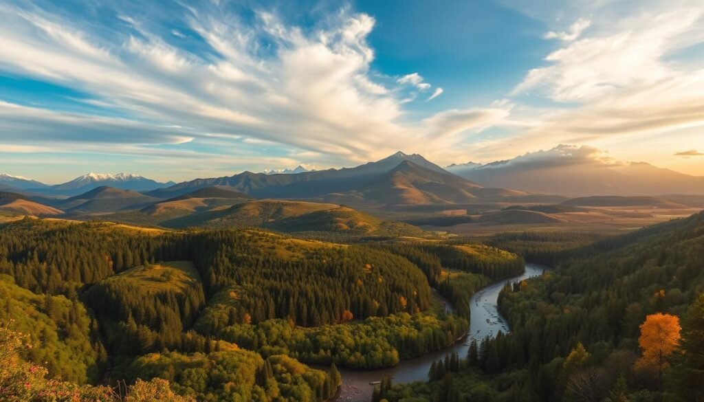 Stunning aerial view of a lush, biodiverse natural landscape. The foreground features a meandering river cutting through verdant forests, with vibrant wildflowers and towering ancient trees lining the banks. In the middle ground, rolling hills and rugged mountains rise up, their slopes cloaked in a tapestry of greens, golds, and autumnal hues. The background is dominated by an expansive, cloud-dotted sky, bathed in warm, golden light filtering through wispy cirrus formations. An awe-inspiring scene that captures the majesty and mysteries of the natural world. Vista aérea deslumbrante de uma paisagem natural biodiversa com rio serpenteando por florestas e montanhas ao fundo