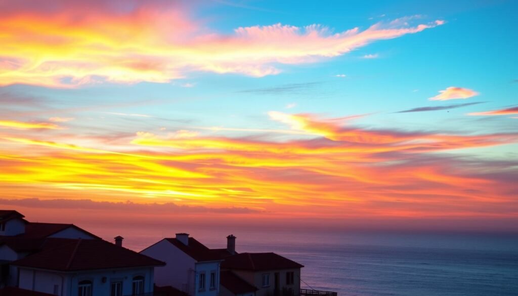 Sunset over a coastal town, with the new Portuguese Orthographic Agreement prominently displayed on a billboard or signage in the foreground. The sky is ablaze with warm hues of orange, pink, and purple, creating a serene and contemplative atmosphere. The buildings in the middle ground have a classic Portuguese architectural style, adding to the cultural and historical context. In the background, the ocean stretches out, reflecting the vibrant colors of the sky. The lighting is soft and diffused, creating a sense of tranquility and a perfect balance between the natural and the manmade elements.