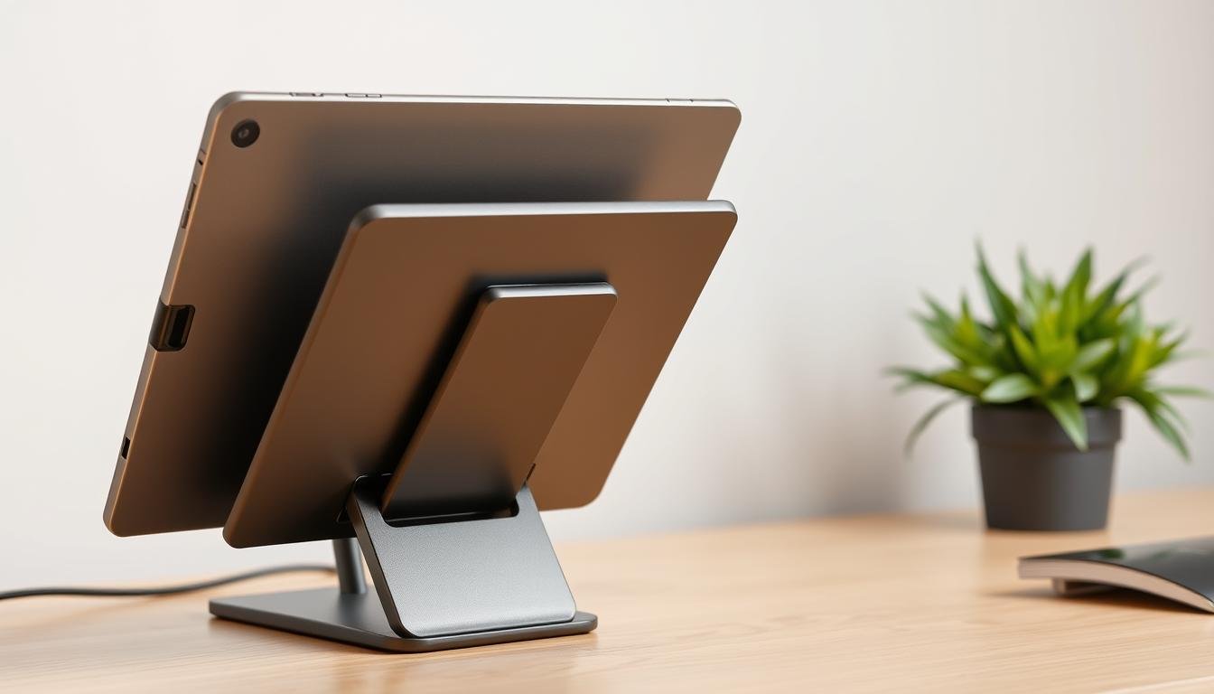 Suporte para Tablet em Aço Carbono Com Metal Resistente apoiando um tablet em posição ergonômica