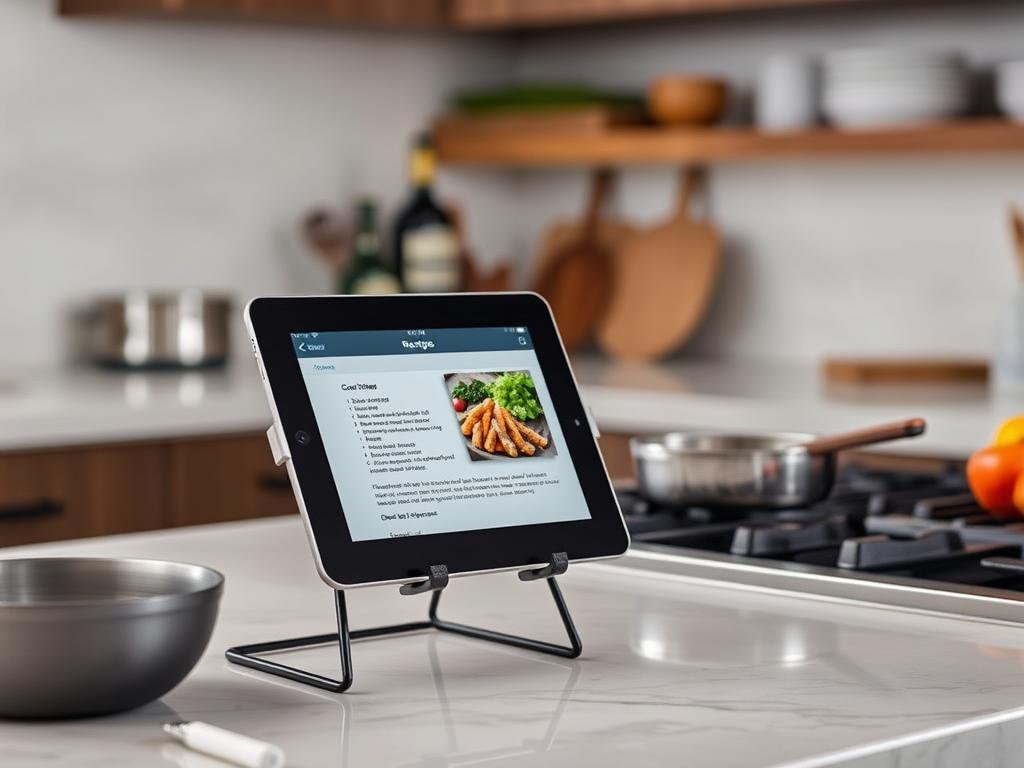 Suporte para tablet em aço carbono sendo usado na cozinha para seguir receitas Suporte para tablet em aço carbono sendo usado na cozinha para seguir receitas