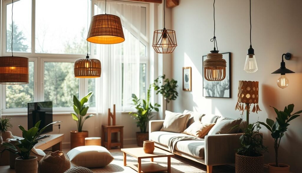 Sustainable cardboard box decoration: a cozy, minimalist living room with cardboard box lamps in various styles - modern geometric, rustic chic, minimalist pendant, industrial chic, and nature-inspired. Warm lighting casts soft shadows, creating a welcoming, eco-friendly ambiance. The room is filled with natural textures and earthy tones, complementing the handcrafted cardboard lighting fixtures. A large window allows natural sunlight to filter in, highlighting the recycled materials used throughout the space. The overall scene conveys a sense of sustainability, creativity, and homely comfort. Sustainable cardboard box decoration: a cozy, minimalist living room with cardboard box lamps in various styles - modern geometric, rustic chic, minimalist pendant, industrial chic, and nature-inspired. Warm lighting casts soft shadows, creating a welcoming, eco-friendly ambiance. The room is filled with natural textures and earthy tones, complementing the handcrafted cardboard lighting fixtures. A large window allows natural sunlight to filter in, highlighting the recycled materials used throughout the space. The overall scene conveys a sense of sustainability, creativity, and homely comfort.